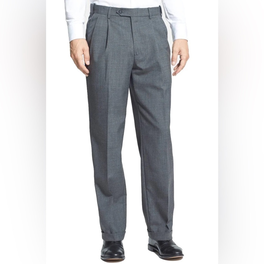 BERLE POLYESTER WOOL TROPICAL SELF-SIZER PLEATED DRESS PANTS